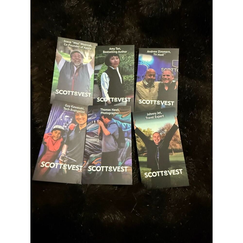 ScotteVest promotional testimonial cards Amy tan Woz Zimmerman